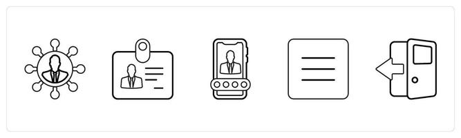 A set of 5 mix icons as user network, identification card, user account in black line color vector