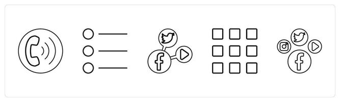 A set of 5 mix icons as calling, list bullets, social media in black line color vector