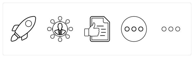 A set of 5 mix icons as rocket, user network, agreement in black line color vector