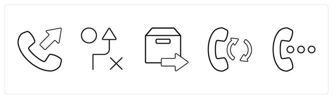 A set of 5 mix icons as call forward, wrong route, forward parcel in black line color vector