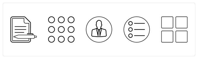 A set of 5 mix icons as blog writing, dots grid, user profile in black line color vector