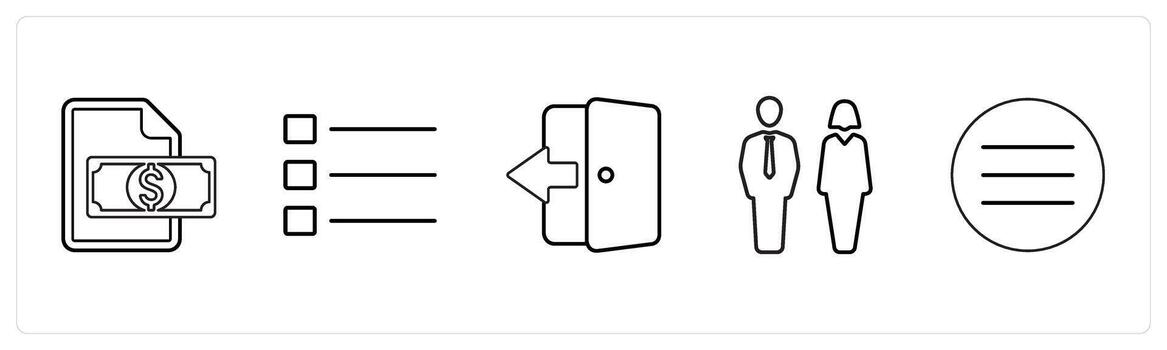 A set of 5 mix icons as finance document, list, exit door in black line color vector