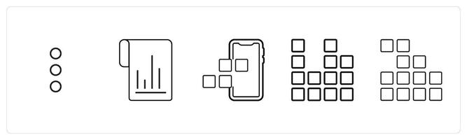 A set of 5 mix icons as vertical dots, flow chart, mobile apps in black line color vector