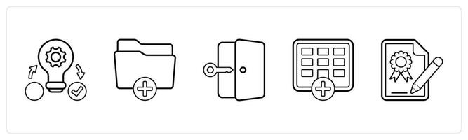 A set of 5 mix icons as dice, meeting room, presentation in black line color vector