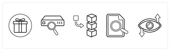 A set of 5 mix icons as present, search drive, add stack in black line color vector