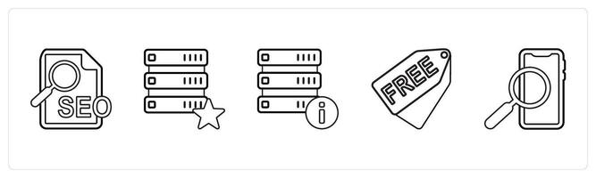 A set of 5 mix icons as seo, favorite server, help in black line color vector