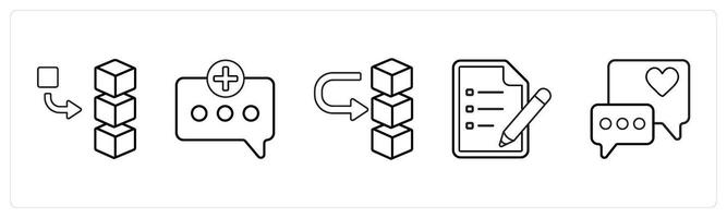 A set of 5 mix icons as add stack, add message, move drive data in black line color vector