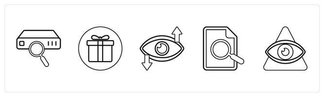 A set of 5 mix icons as search drive, present, vision in black line color vector