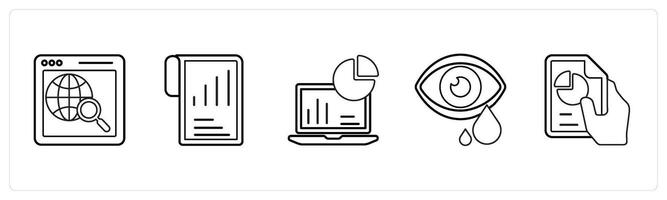A set of 5 mix icons as global search, performance, site audit in black line color vector