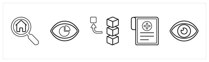 A set of 5 mix icons as home search, performance vision, remove stack in black line color vector