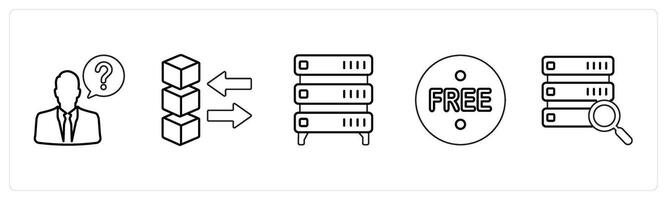 A set of 5 mix icons as help, share data, server in black line color vector