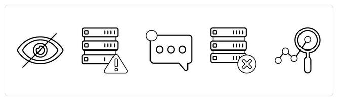 A set of 5 mix icons as hide, error in drive, notification in black line color vector