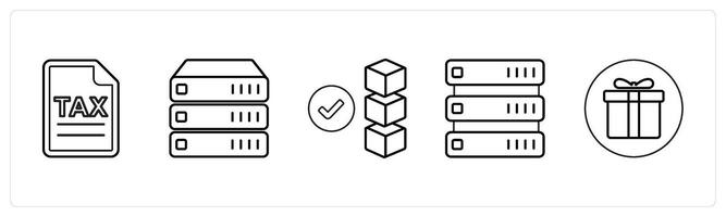 A set of 5 mix icons as invoice, server, verified drive in black line color vector