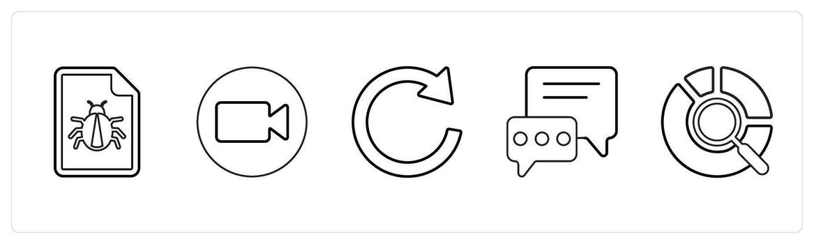 A set of 5 mix icons as bug, call, refresh in black line color vector