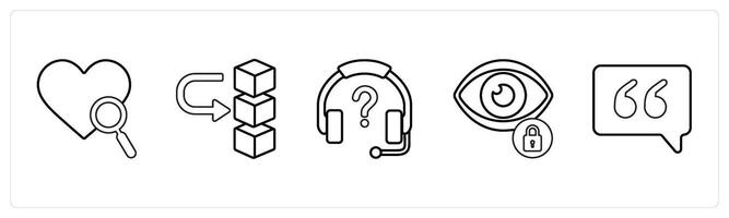 A set of 5 mix icons as favorite search, server, help desk in black line color vector
