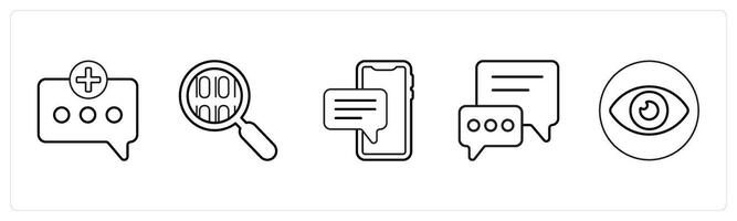 A set of 5 mix icons as add message, programming, chat in black line color vector