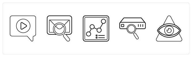 A set of 5 mix icons as chat, search message, growth chart in black line color vector