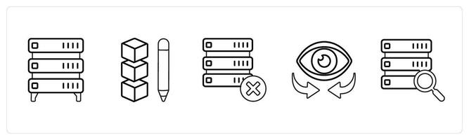 A set of 5 mix icons as server, edit drive data, delete data in black line color vector