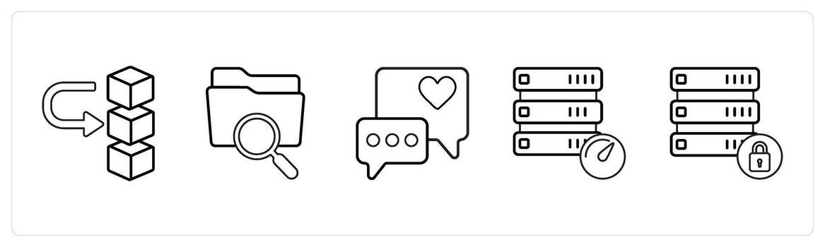 A set of 5 mix icons as move drive data, search folder, positive comment in black line color vector