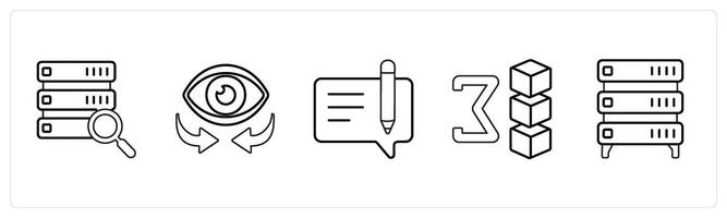 A set of 5 mix icons as search data, vision, edit message in black line color vector