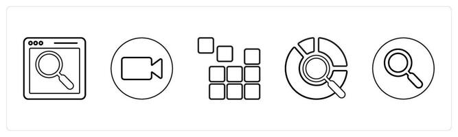 A set of 5 mix icons as web search, call, puzzle in black line color vector