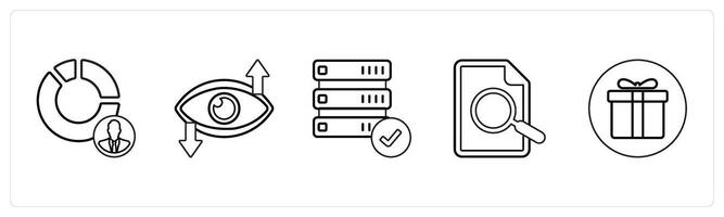 A set of 5 mix icons as marketing manager, vision, verified drive in black line color vector