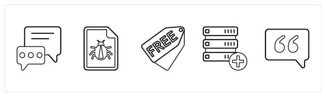 A set of 5 mix icons as communication, bug, free in black line color vector