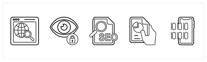 A set of 5 mix icons as global search, privacy, seo in black line color vector