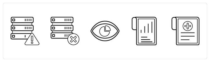 A set of 5 mix icons as error in drive, delete data, performance vision in black line color vector