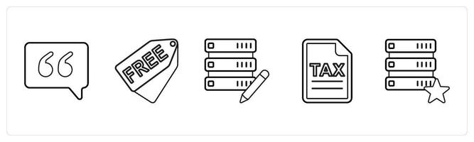A set of 5 mix icons as quotes, free, edit server in black line color vector