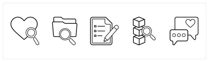 A set of 5 mix icons as favorite server, search folder, text document in black line color vector
