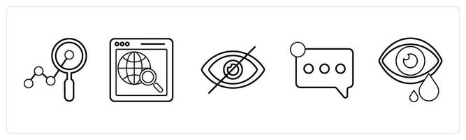 A set of 5 mix icons as analytics, global search, hide in black line color vector