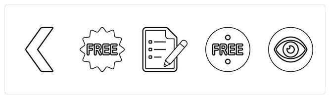 A set of 5 mix icons as back, free, text document in black line color vector