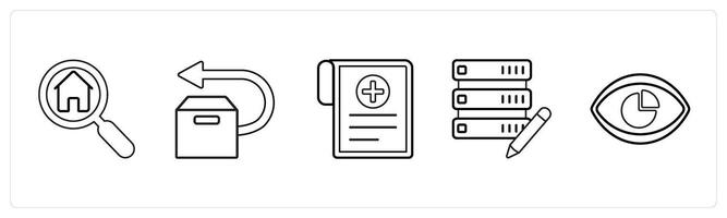 A set of 5 mix icons as home search, forward box, medical reports in black line color vector