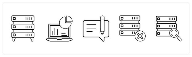 A set of 5 mix icons as server, site audit, edit message in black line color vector