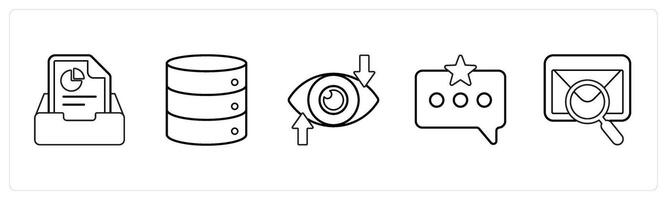 A set of 5 mix icons as save document, drives, vision in black line color vector