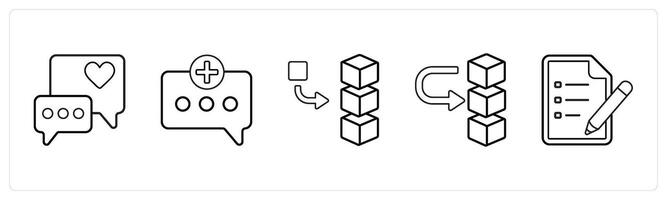 A set of 5 mix icons as positive comment, add message, add stack in black line color vector