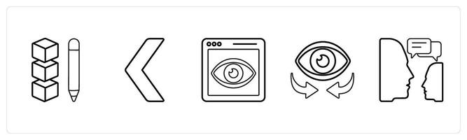 A set of 5 mix icons as edit drive data, back, site vision in black line color vector