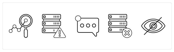 A set of 5 mix icons as analytics, error in drive, notification in black line color vector