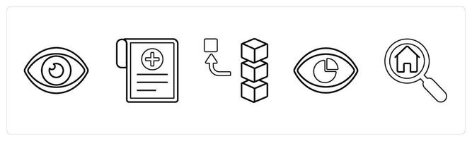 A set of 5 mix icons as vision, medical reports, remove stack in black line color vector