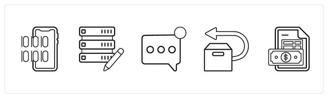 A set of 5 mix icons as programming, edit server, notification in black line color vector