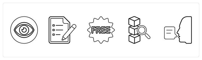 A set of 5 mix icons as vision, text document, free in black line color vector