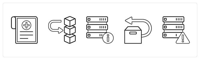 A set of 5 mix icons as medical reports, server, help in black line color vector