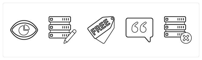 A set of 5 mix icons as performance vision, edit server, free in black line color vector