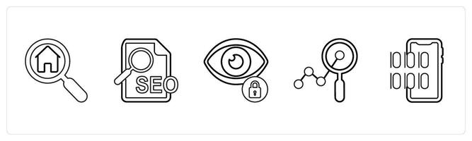 A set of 5 mix icons as home search, seo, privacy in black line color vector