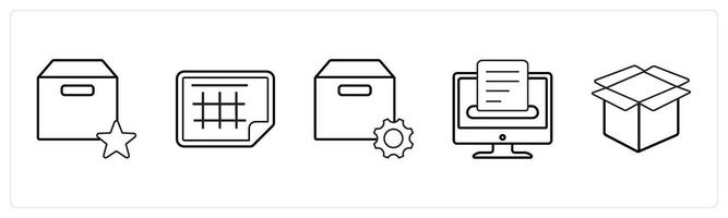 A set of 5 mix icons as favorite box, excel sheet, box setting in black line color vector