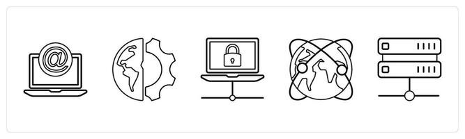 A set of 5 mix icons as mention, global setting, connection in black line color vector