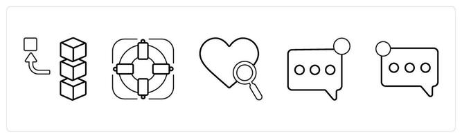A set of 5 mix icons as remove stack, target, favorite search in black line color vector