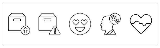 A set of 5 mix icons as upload package, box information, happy in black line color vector