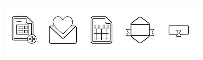 A set of 5 mix icons as add sheet, favorite message, excel sheet in black line color vector